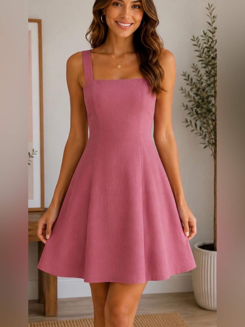 Sleeveless Square-Neck Mini Dress in Rose Pink
